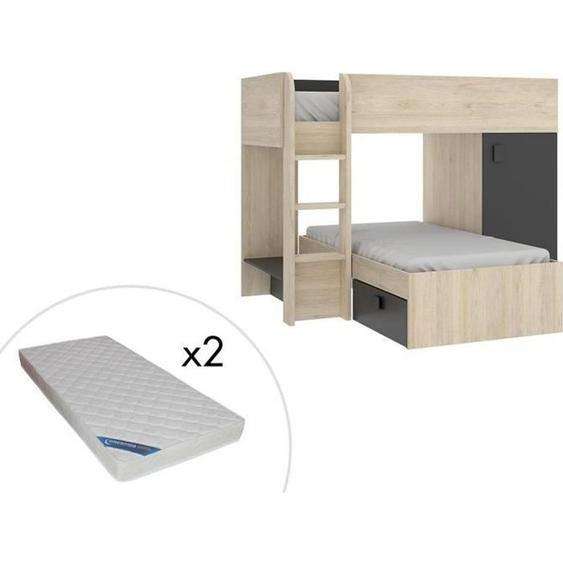 Lits superposés réversibles RICARDO - 2 x 90 x 190 cm - Rangements intégrés - Chêne et anthracite + matelas