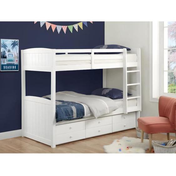 Lits superposés séparables ANCHISE II - 2 x 90 x 190 cm - Avec rangements - Pin blanc + matelas