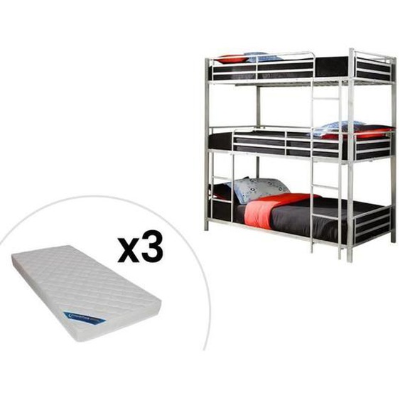 Lits superposés triple - 3 x 90 x 190 cm - Métal - Argent + matelas - ELOUAN III