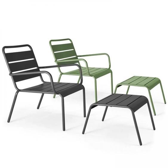 Lot 2 fauteuils relax avec repose-pieds métal gris et vert cactus