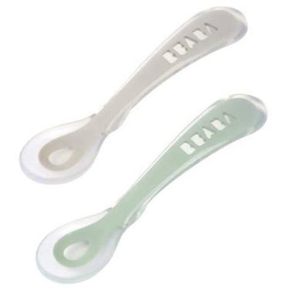 Lot De 2 Cuillères 2ème Âge Silicone Avec Boite De Transport - Beaba - Ergonomique - Souple - Vert Vert