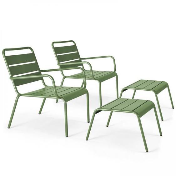 Lot de 2 fauteuils relax avec repose-pieds en métal vert cactus