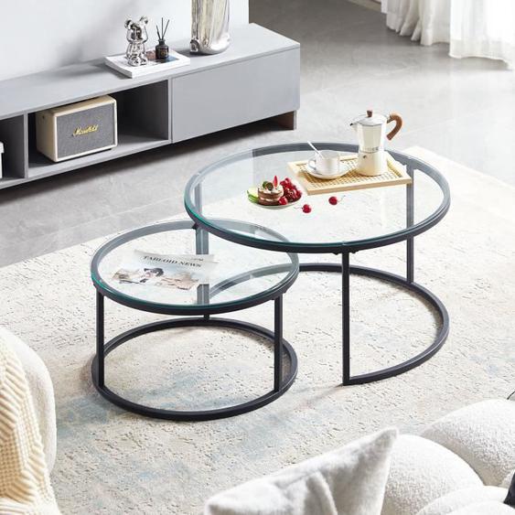 Lot de 2 table basse scandinave-table basse gigogne Ronde-table salon-80x45cm-60x35cm-Plateau en verre, Pieds en métal noir