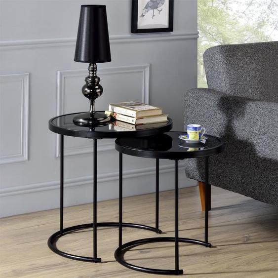 Lot de 2 tables dappoint - IDIMEX - LEYRE - Plateau rond en verre trempé noir - Style industriel