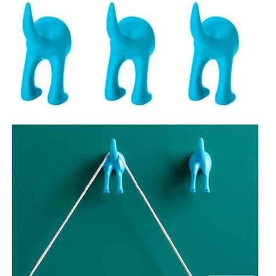 Lot de 3 crochets en forme de queue de chien Pour fixation murale, Bleu