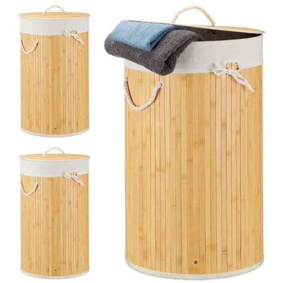 Lot de 3 paniers à linge bambou ronds - 10041828-0