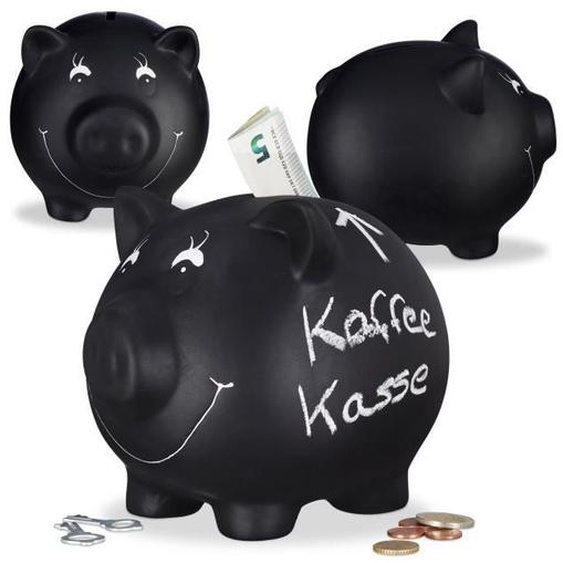 Lot de 3 Tirelire Cochon Ardoise Inscription Personnalisable Céramique Mariage Anniversaire Baptême HLP 14x17x13cm, Noir