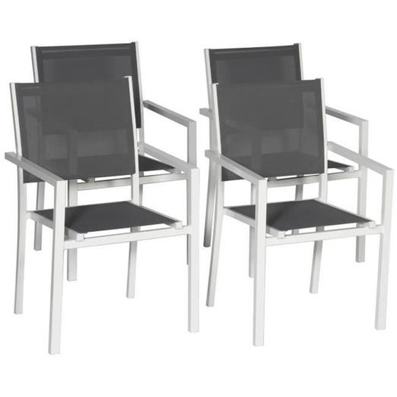 Lot de 4 chaises en textilène et aluminium - HAPPY GARDEN - Blanc/Gris - Empilables et facile dentretien