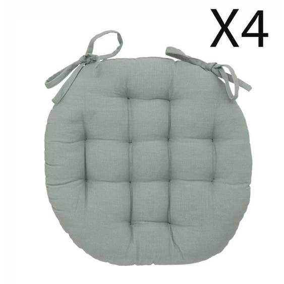 Lot de 4 coussins de chaise rond, coussins dassise en coton coloris vert céladon - Diamètre 38 x Hauteur 5 cm