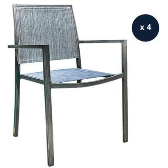 Lot de 4 Fauteuils de jardin en aluminium et textilène empilable aspect teck gris SANTORIN - Jardiline 55 x 58 x 85 cm Gris