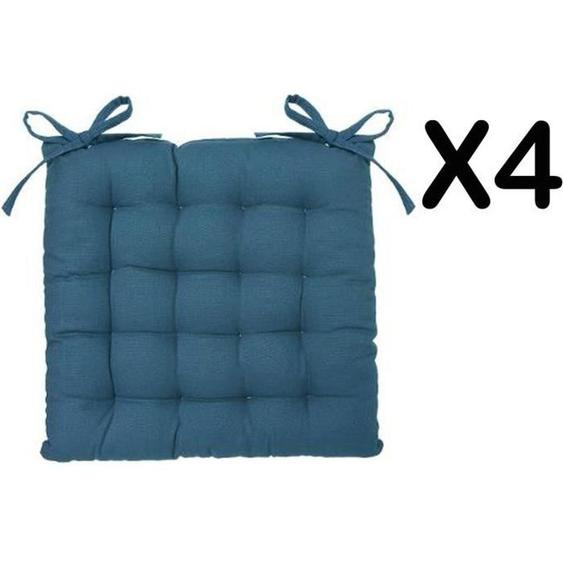 Lot de 4 galettes de chaise en coton et polyester coloris bleu canard - Dim : L 38 x l 38 cm