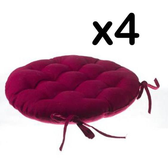 Lot de 4 galettes de chaise ronde en coton coloris rouge - Diamètre 38 cm