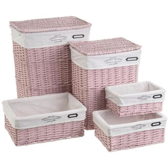 Lot de 5 panier de rangement tressé, corbeille de rangement rectangulaire avec couvercle en osier-tissu coloris rose