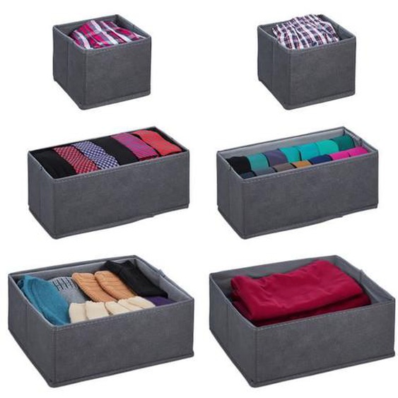 Relaxdays Organiseurs de tiroirs, 6 boîtes de rangement pour l’armoire, le dressing, etc, pliables, 3 tailles, gris