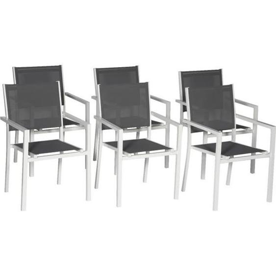 Lot de 6 chaises de jardin en aluminium blanc et textilène gris - HAPPY GARDEN - contemporain - empilables