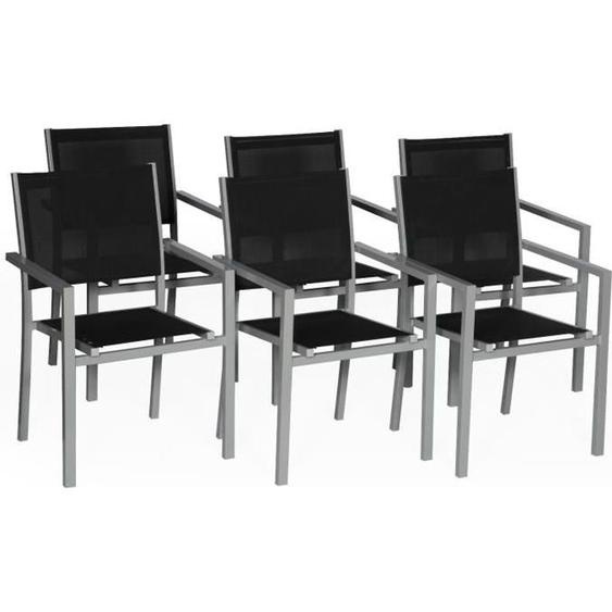 Lot de 6 chaises de jardin en aluminium gris et textilène noir - HAPPY GARDEN - Contemporain - Empilables