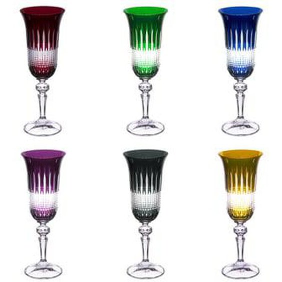 Lot de 6 flûtes à champagne en cristal taillé - couleurs variées