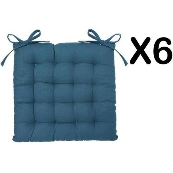 Lot de 6 galettes de chaise en coton et polyester coloris bleu canard - Dim : L 38 x l 38 cm