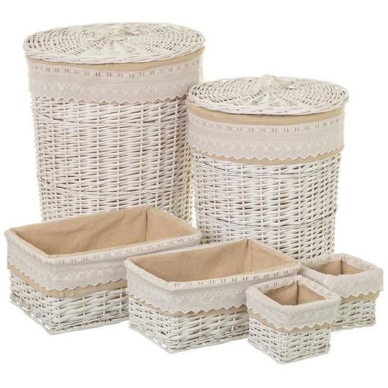 Lot de 6 panier de rangement tressé, corbeille de rangement avec couvercle en osier-tissu coloris beige -JUANIO