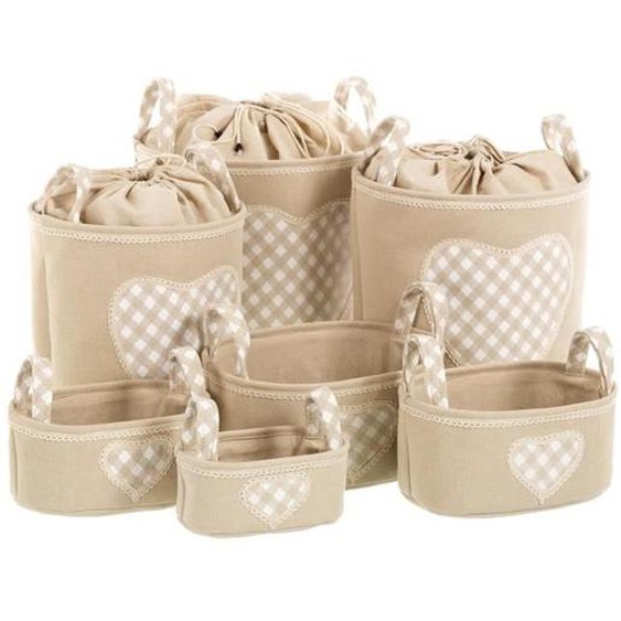 Lot de 7 panier de stockage avec poignée, corbeille de rangement en polyester-coton coloris beige-blanc -JUANIO