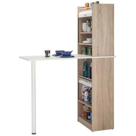 Mange-debout - Table de bar - Table haute - Table comptoir de cuisine + Meubles rangement Blanc/Chêne - LUFAY -