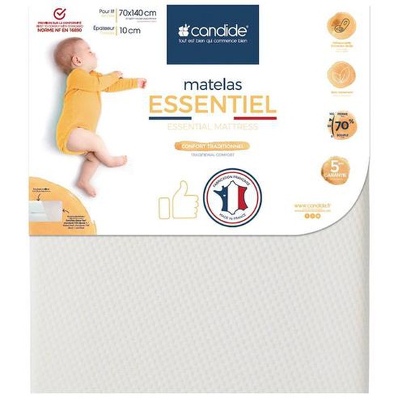 Matelas Bébé 70x140x10cm Essentiel - Sans Traitement - Déhoussable - Confort Traditionnel - Fabriqué En France - Garantie 5 Ans Blanc