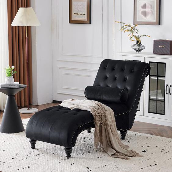 Méridienne Chaise longue avec coussin lombaire Tissu avec points de traction et clous en laiton Noir