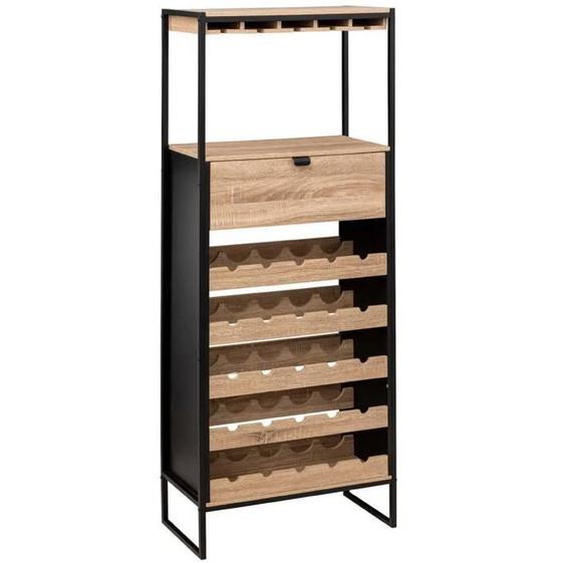 Meuble Bar, Porte-Bouteilles en aggloméré Naturel avec Pieds en métal Noir - Longueur 60 x Profondeur 30 x Hauteur 160 cm