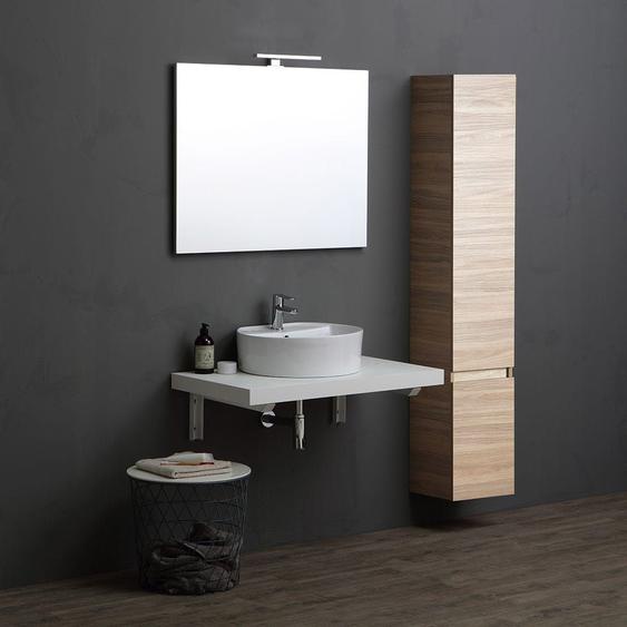 Meuble De Salle De Bain 90cm Blanc Avec Plateau Et Colonne En Chêne Naturel  Valentina