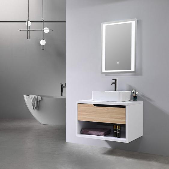 Meuble de salle de bain simple vasque 80cm bois et blanc avec miroir LED LB-8153-80 LuxuryBain-