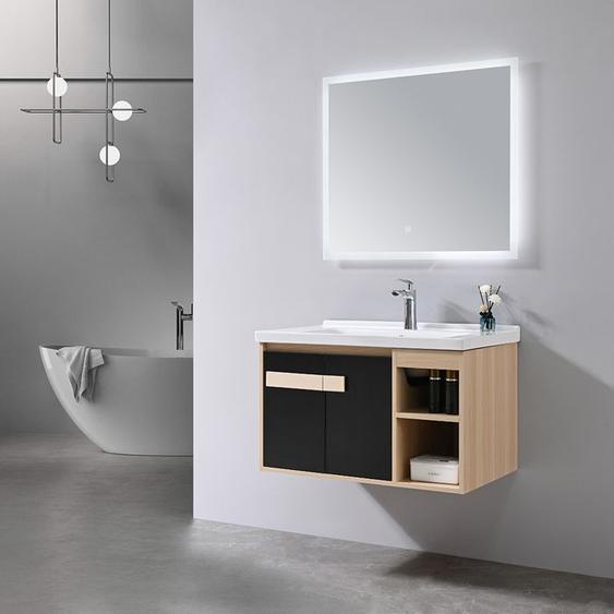 Meuble de salle de bain simple vasque 80cm bois et noir avec miroir LED LB-6969 LuxuryBain-