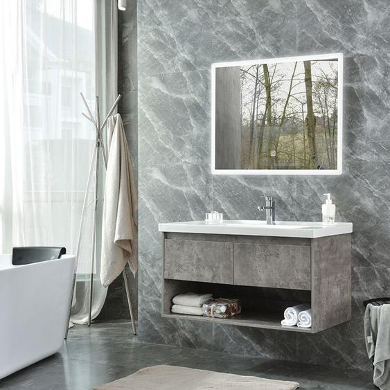 Meuble de salle de bain simple vasque 80cm gris béton avec miroir LED à intensité variable LB-8152-80 LuxuryBain-