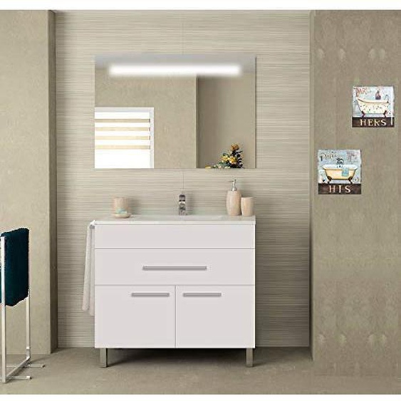 MEUBLE DE SALLE DE BAIN VEGA AVEC LAVABO MIROIR, PORTE-SERVIETTES ET LUMIÈRE LED 60X82X45CM BLANC