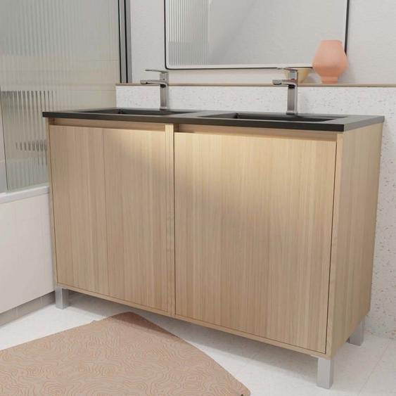 Meuble de salle de bains 120 cm 4 Portes Chêne Clair + Vasque Double Céramique Noire - XENOS