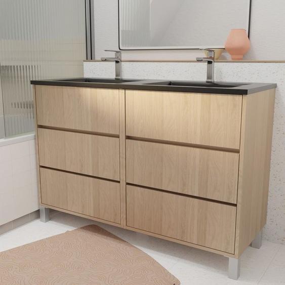 Meuble de salle de bains 120 cm 6 Tiroirs Chêne Clair + Vasque Double Céramique Noire - XENOS