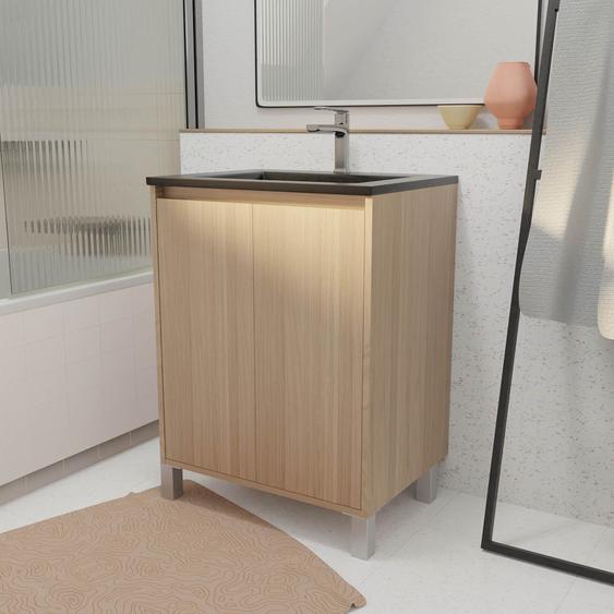 Meuble De Salle De Bains 60 Cm 2 Portes Chêne Clair + Vasque Céramique Noire - Xenos