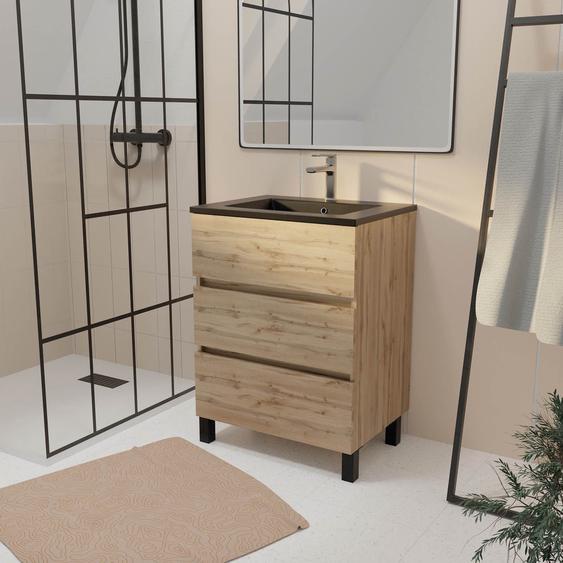 Meuble De Salle De Bains 60 Cm 3 Tiroirs Chêne Industriel + Vasque Céramique Noire - Timber