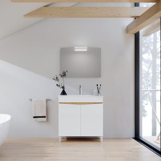 Meuble De Salle De Bains 80cm 2 Portes Bois Et Blanc + Vasque Céramique Blanche - Key