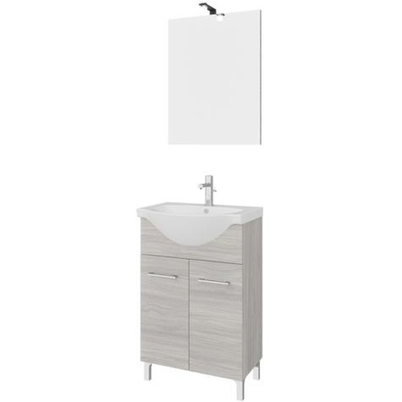 Meuble De Salle De Bains Sur Pied 55cm 2 Portes Chêne Gris, Lavabo Et Miroir  Rimini