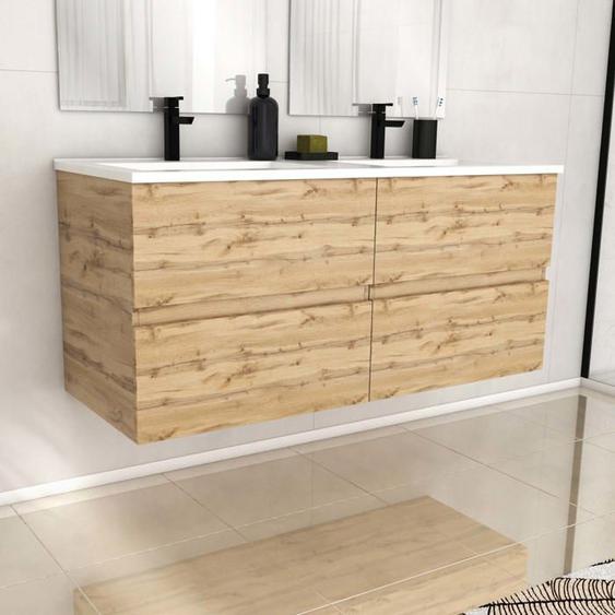 Meuble de salle de bains 120cm 4 Tiroirs_Chêne Naturel + Vasque céramique blanche - TIMBER 120