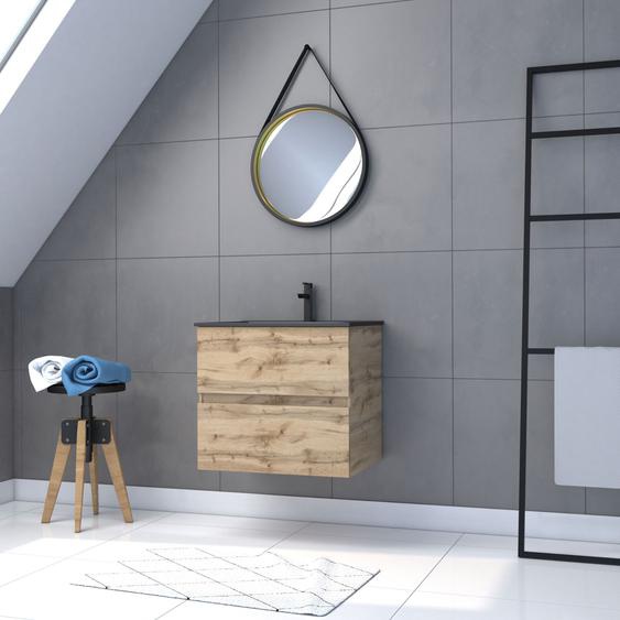 Meuble Salle De Bain 60x54 -Finition Chene Naturel + Vasque Noire + Miroir Barber-Timber 60 - Pack30