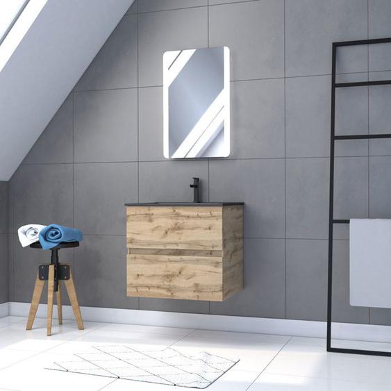 Meuble salle de bain 60x54 - Finition chene naturel + vasque noire + miroir Led - TIMBER 60 - Pack08