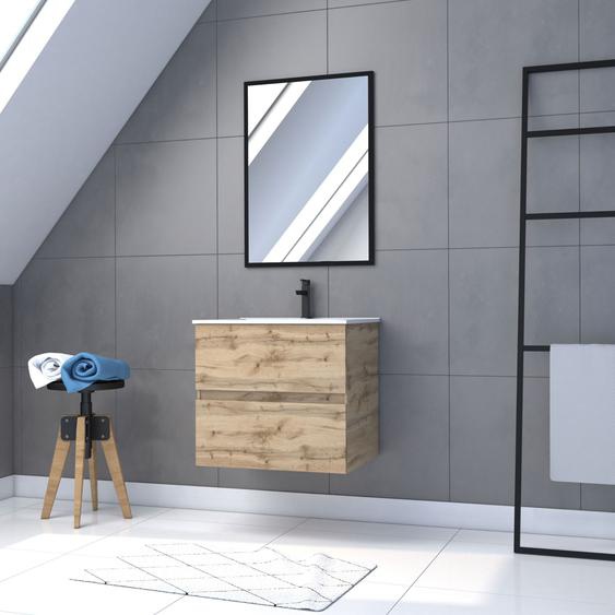 Meuble Salle De Bain 60x54cm - Finition Chene Naturel + Vasque Blanche + Miroir - Timber 60 - Pack09