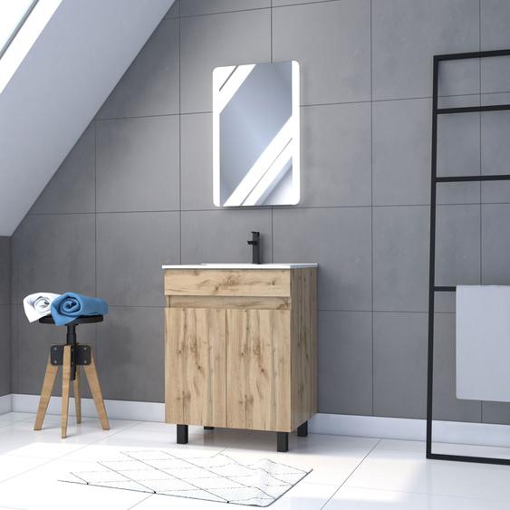 Meuble Salle De Bain 60x80 - Finition Chene Naturel - Vasque Blanche + Miroir Led - Timber 60