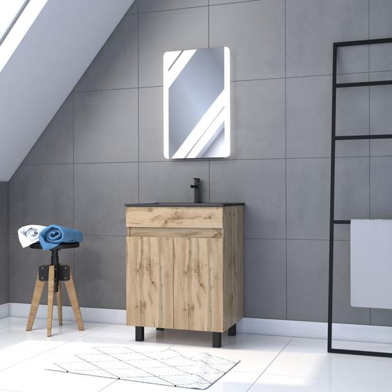 Meuble Salle De Bain 60x80 - Finition Chene Naturel - Vasque Noire + Miroir Led - Timber 60 - Pack02