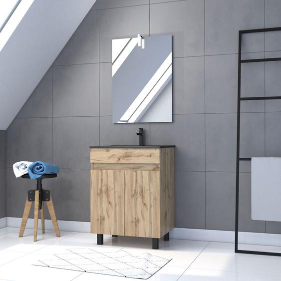 Meuble Salle De Bain 60x80 - Finition Chene Naturel + Vasque Noire + Miroir Led - Timber 60 - Pack19