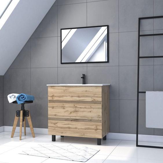 Meuble salle de bain 80x60 - Finition chene naturel + vasque blanche + miroir - TIMBER 80 - Pack 45