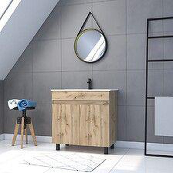 Meuble Salle De Bain 80x80 -Finition Chene Naturel + Vasque Blanche + Miroir Barber-Timber 80-Pack28