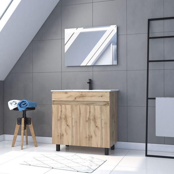 Meuble Salle De Bain 80x80 -Finition Chene Naturel + Vasque Blanche + Miroir Led- Timber 80 - Pack26