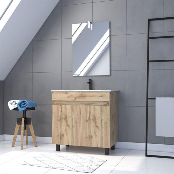 Meuble Salle De Bain 80x80 -Finition Chene Naturel + Vasque Blanche + Miroir Led- Timber 80 - Pack27